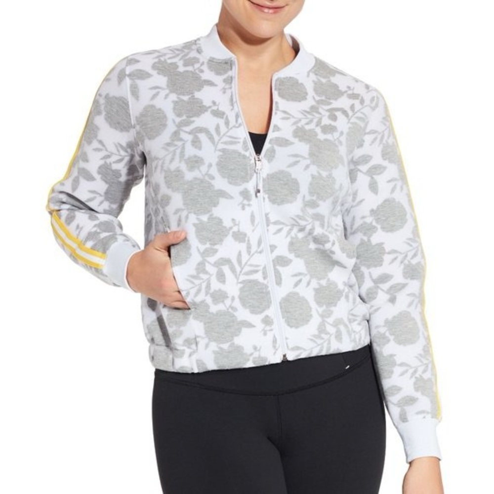 CALIA by Carrie Underwood Gray Floral Bomber Jacket with Yellow Sleeve Stripes